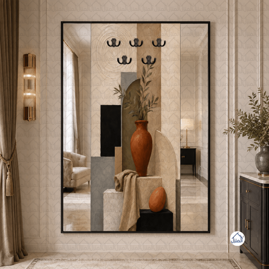 لوحة علاقات عبايات بمرايات جانبية وفازات فخارية طباعة كانفس