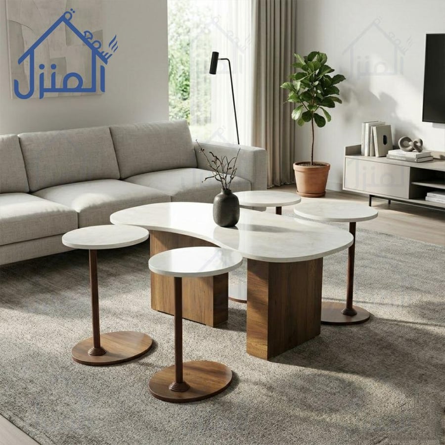 طقم طاولات قهوة مودرن 5 قطع  بديل رخام أبيض مع قواعد خشبية
