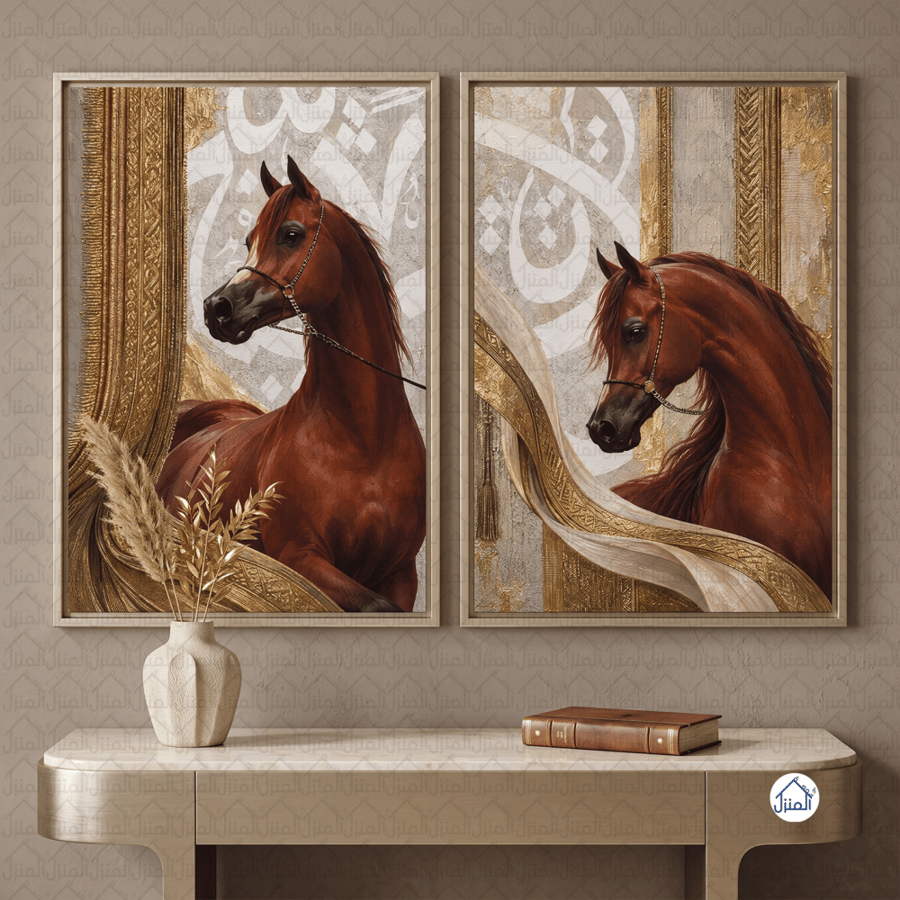 طقم لوحتين جدارية بخيول عربية بنية وزخارف ذهبية طباعة كانفس