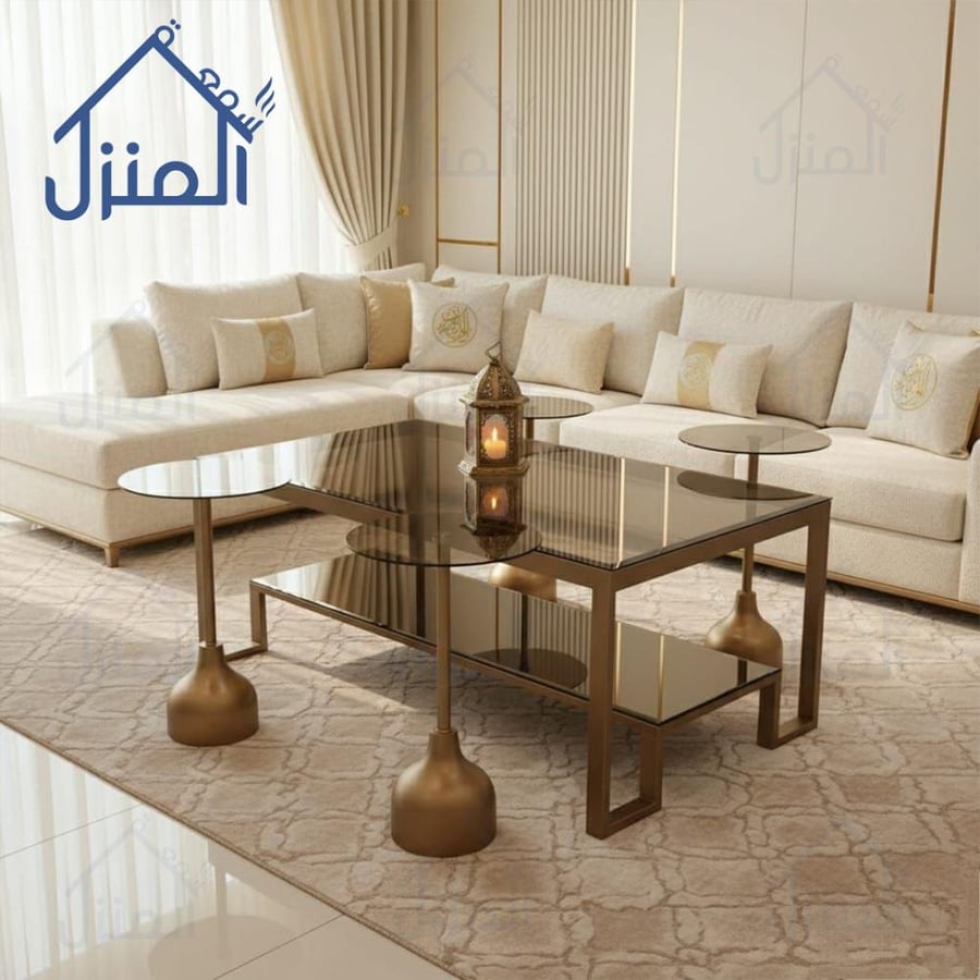 طقم طاولات قهوة مودرن 5 قطع زجاج عاكس مع قواعد معدنية ذهبية تصميم فاخر