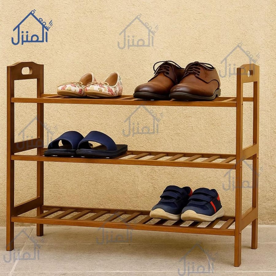 رف أحذية خشبي بني 3 طبقات بتصميم مفتوح وعصري للمدخل