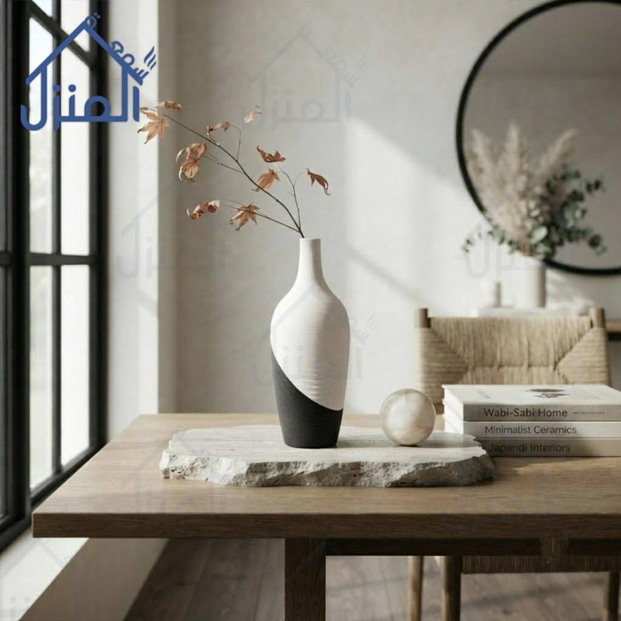 فازة ديكور بيضاء طويلة بتصميم انسيابي ثنائي اللون وقاعدة سوداء عصرية