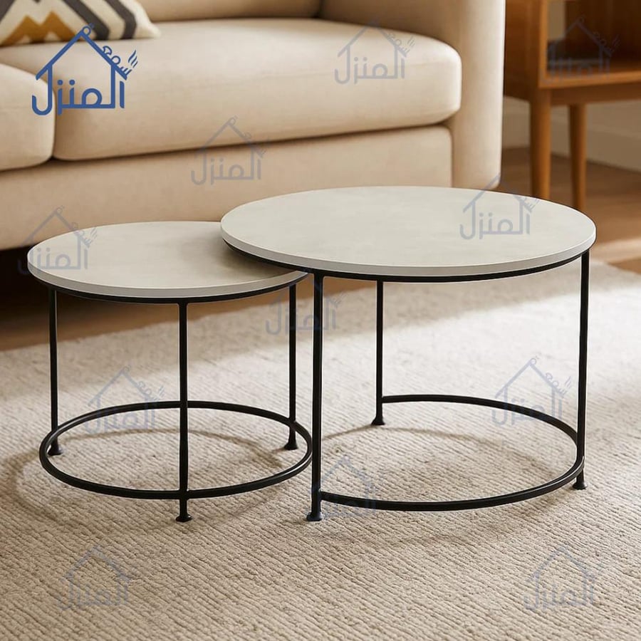 طقم طاولات قهوة 6 قطع دائرية – لون أبيض مع قاعدة سوداء