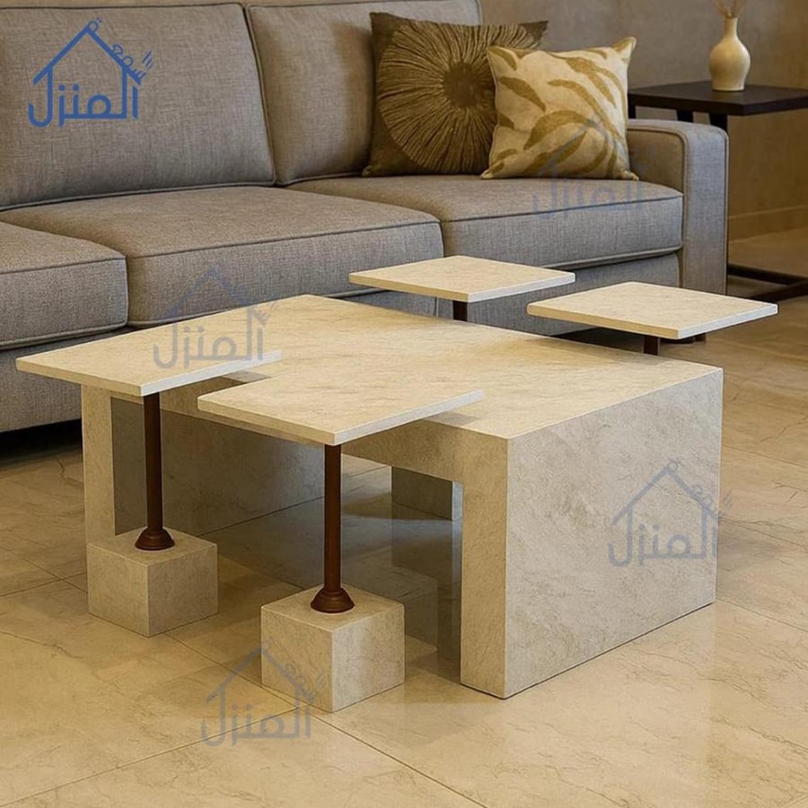 طقم طاولات قهوة 5 قطع – بديل الحجر بتصميم مربع عصري