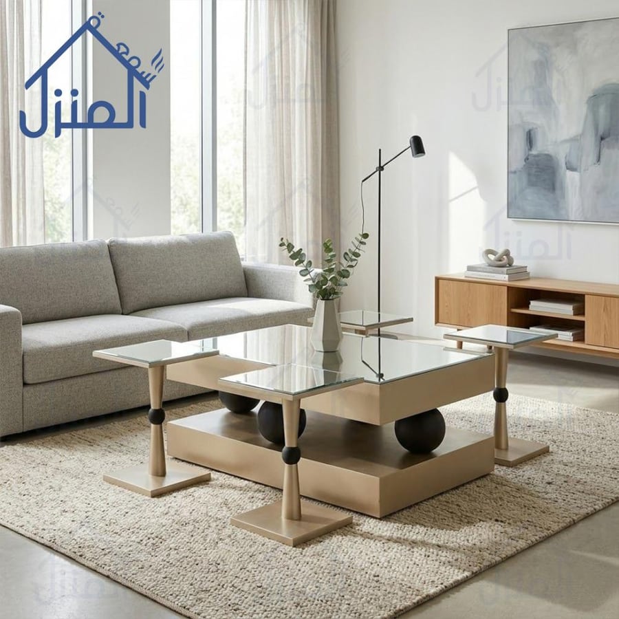طقم طاولات قهوة مودرن 5 قطع – سطح زجاج مع قواعد بيج وكرات سوداء