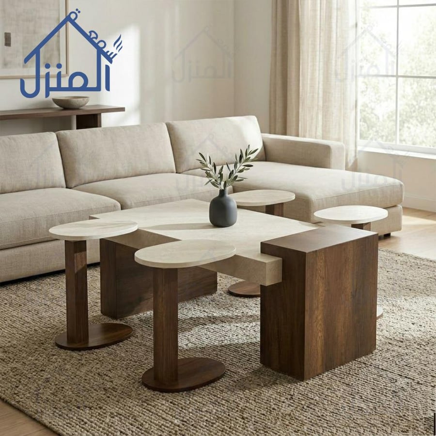 طقم طاولات قهوة مودرن 5 قطع بديل حجر مع خشب تصميم أنيق لغرفة المعيشة