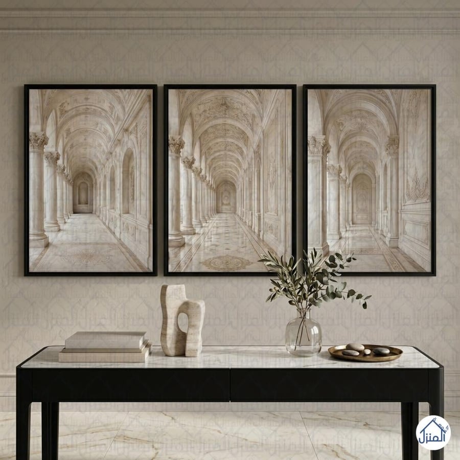 لوحات معمارية كلاسيكية 3 قطع بتصميم ممرات وأقواس فاخرة طباعة كانفس