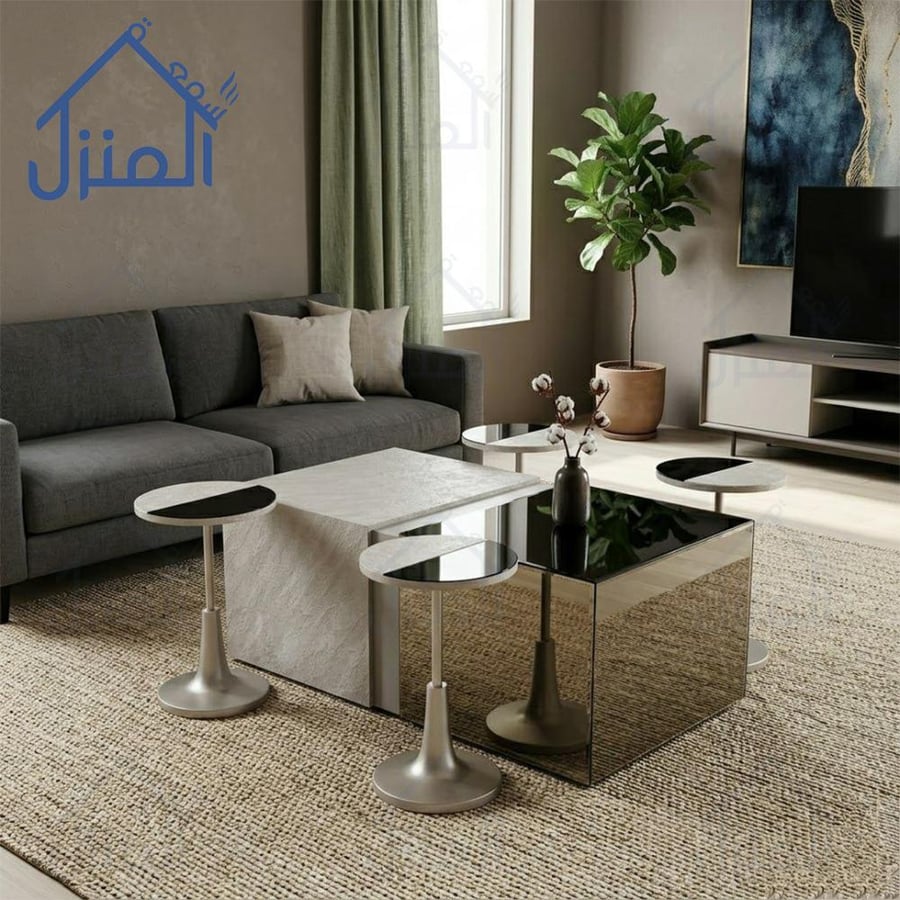 طقم طاولات قهوة مودرن 5 قطع طاولة وسط بديل حجر وزجاج مع طاولات جانبي