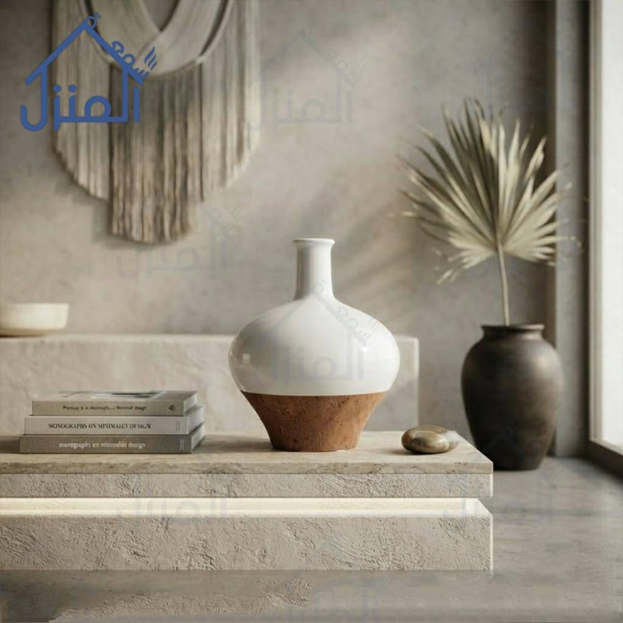 فازة ديكور بتصميم نحتي دائري ثنائي اللون بالأبيض والبني الطبيعي
