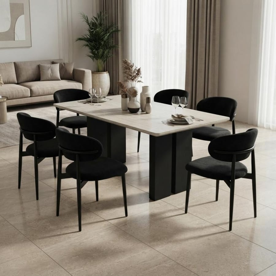 طاولة طعام خشبية مع 6 كراسي مخمل سوداء بتصميم عصري أنيق