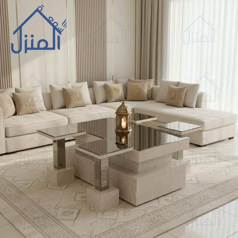 طاولة قهوة مودرن 5 قطع زجاج عاكس