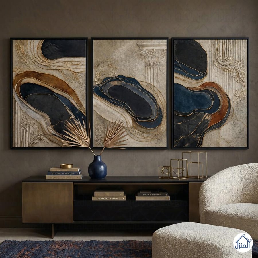 لوحات جدارية ثلاثية بتصميم رخامي أزرق ولمسات ذهبية طباعة كانفس