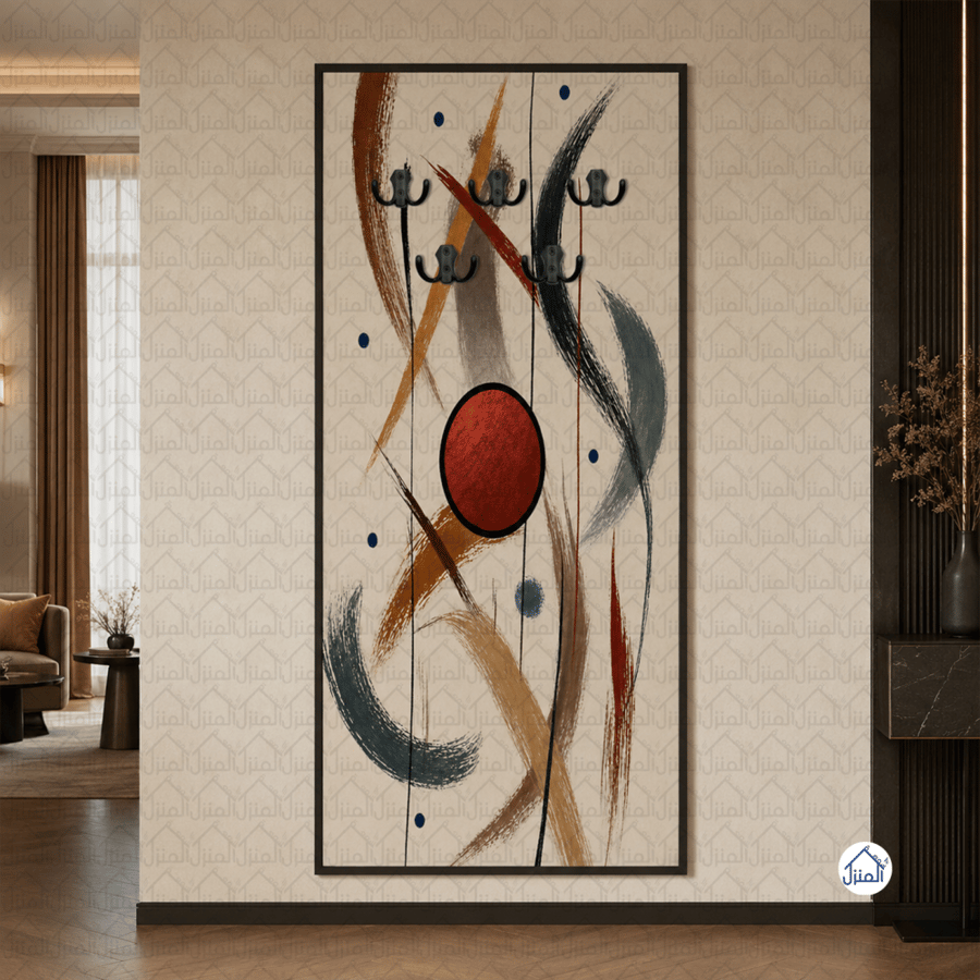 لوحة علاقات عبايات بخطوط تجريدية ودائرة حمراء بألوان متعددة كانفس