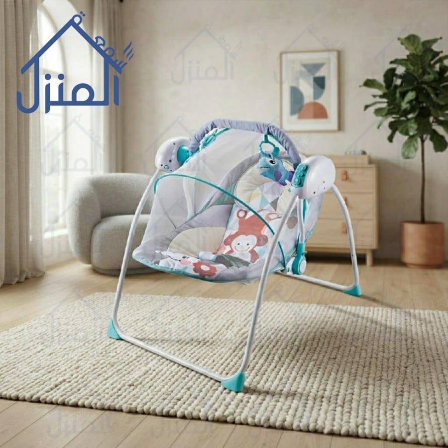 كرسي أطفال هزاز كهربائي مع ألعاب معلقة ومقعد مبطن بتصميم مريح للمواليد