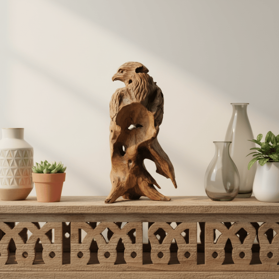 مجسم صقر خشبي منحوت يدوياً - قطعة ديكور فاخرة من جذوع الأشجار الطبيعية للمكاتب والمجالس