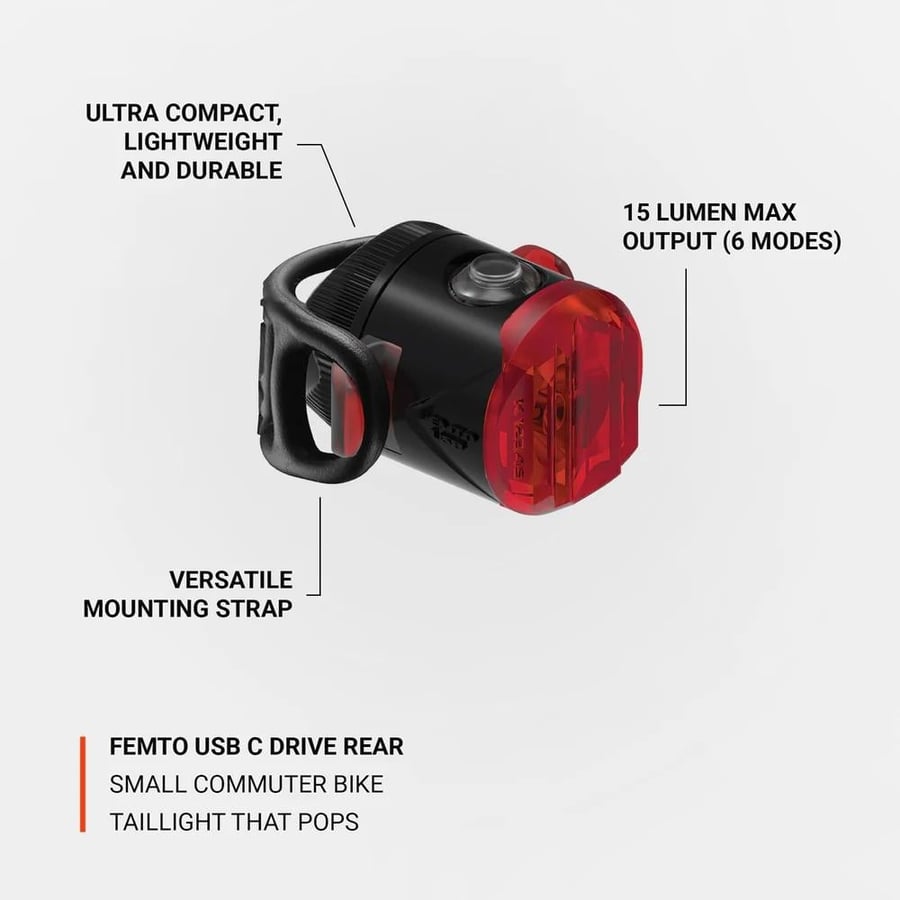 انارة خلفية من ليزاين 15 لومن LEZYNE FEMTO USB-C DRIVE REAR BLACK LED BIKE LIGHT 15-LUMEN