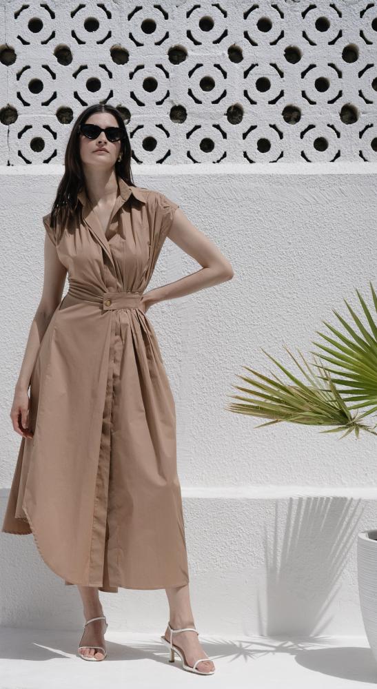 Camel Asymmetric Pure Cotton Dress