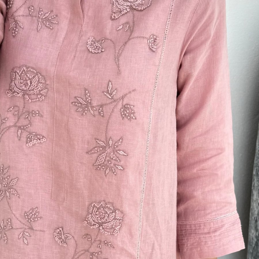 Pure linen embroidered pink dress