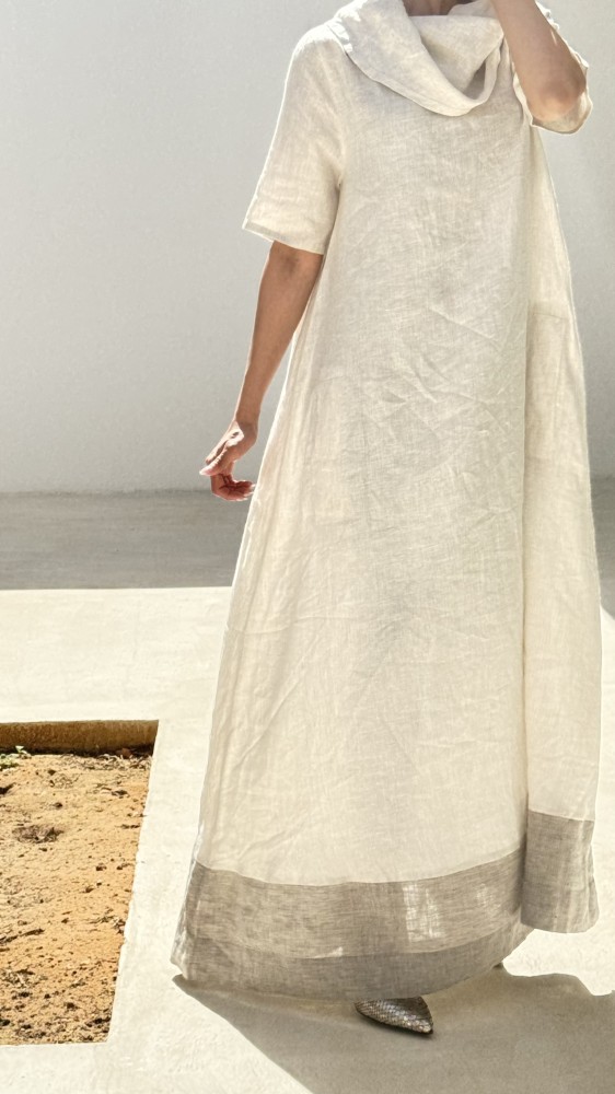Turtleneck white linen dress