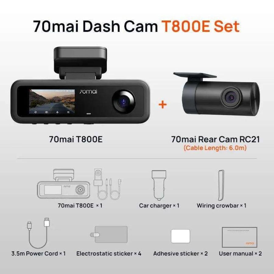 7omai-كاميرا سيارة داش كام 70mai T800E امامية بدقة 4K وداخلية وخلفية بدقة HD - اسود