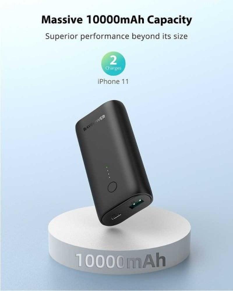 RAVPOWER-بطارية سليم بسعة 10000 ملي امبير بتقنية PD وكوالكوم 20 واط - أسود