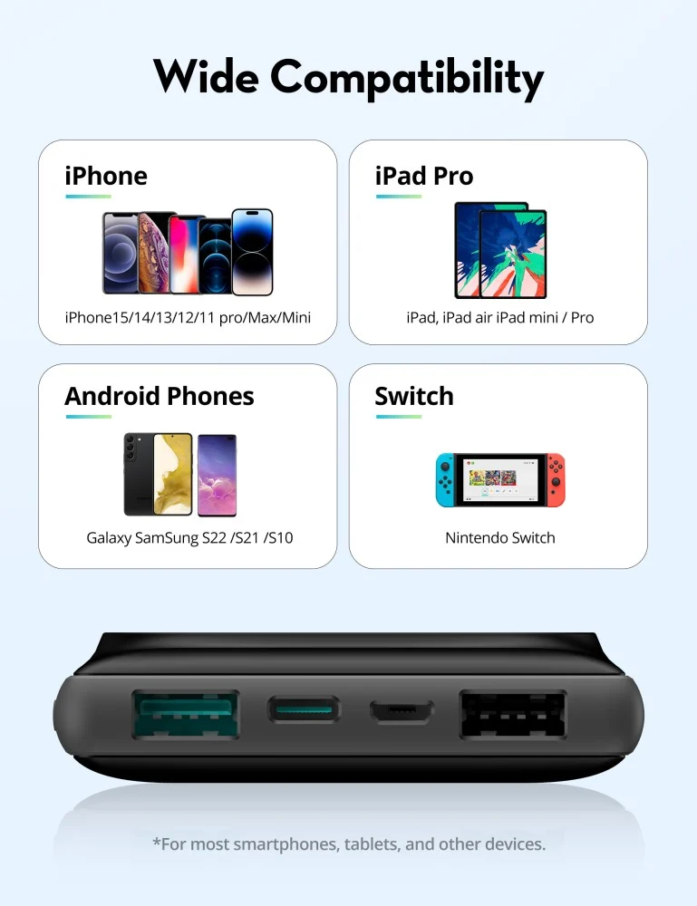 RAVPOWER-منصة 4 بطاريات بسعة 10000 ملي امبير شحن وايرلس ماج سيف و منفذين USB-A ومنفذ تايب سي ومنفذ مايكرو - اسود