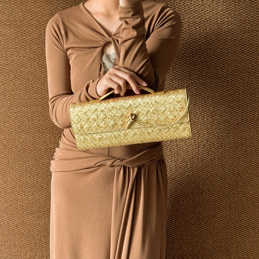 Bottega Veneta Andiamo Intrecciato Metallic Satin Top Handle Clutch