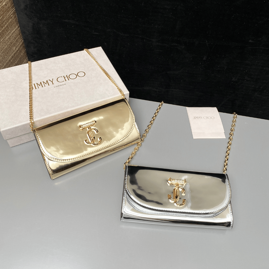 Jimmy Choo Curve Wallet Gold Metallic Leather With Chain