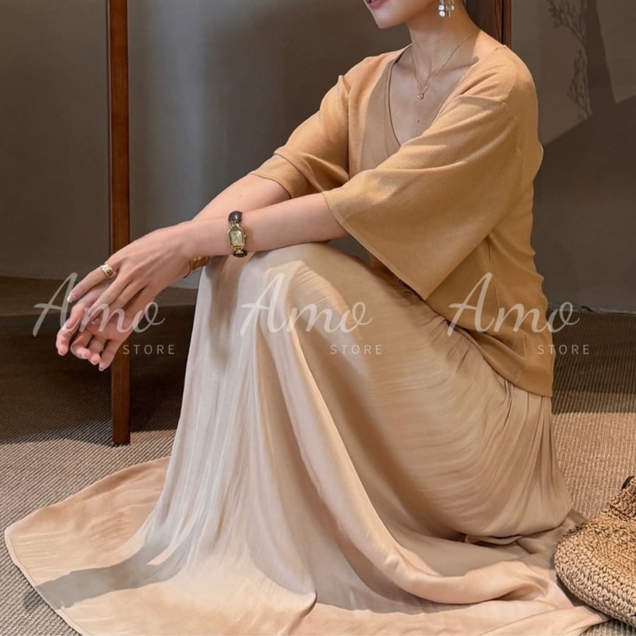تنورة ماكسي حريرية انسيابية لون بيج MASK3102