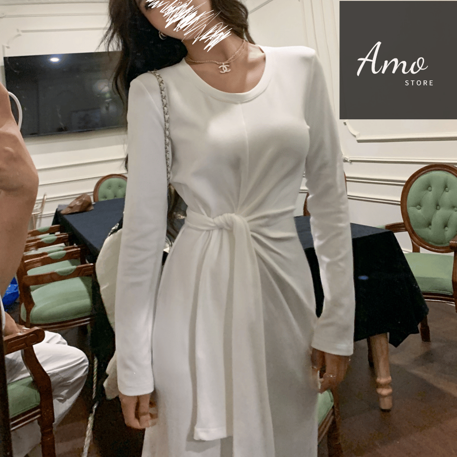 Elegant white-colored dress with long sleeves and a belt of the same fabric tied at the waist MA23588