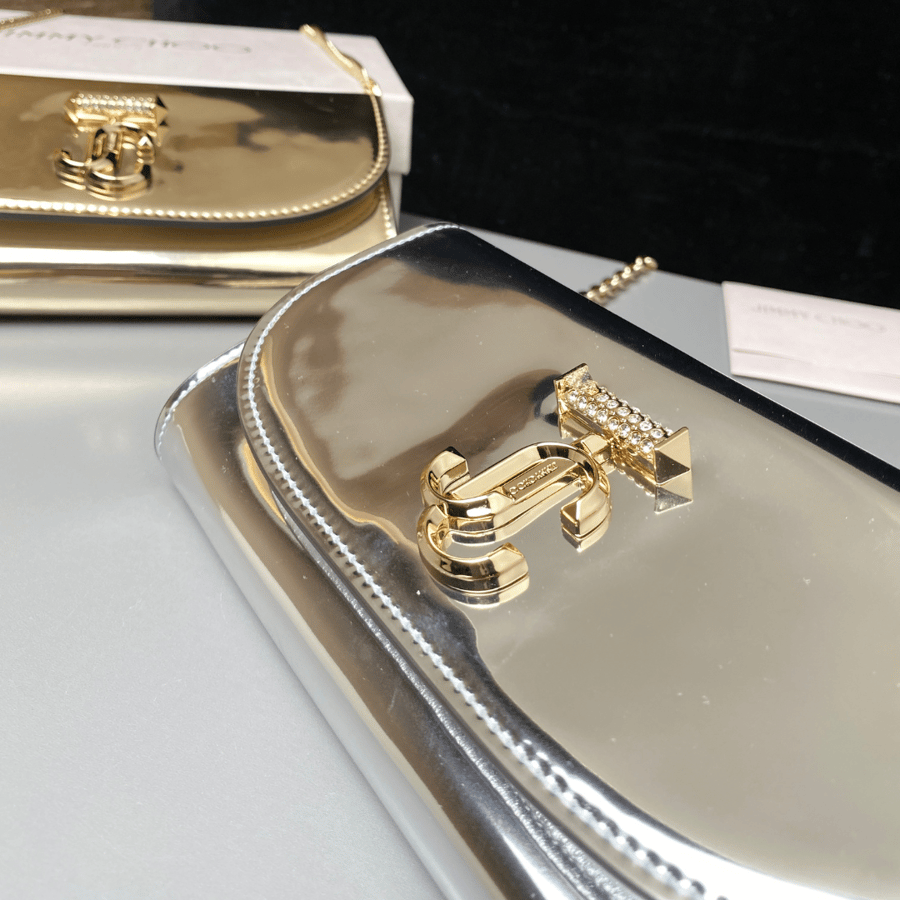 Jimmy Choo Curve Wallet Gold Metallic Leather With Chain