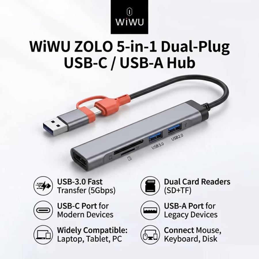 وصلة تحويل WIWU ZOLO متعددة المنافذ 5 في 1 تدعم التوصيل عبر USB-C تايب سي وUSB-A مع قارئ بطاقات الذاكرة SD وMicroSD – رمادي