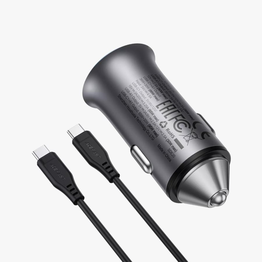 Acefast-شاحن سيارة B16 بقوة 95 واط مع كيبل USB-C إلى USB-C – منفذين USB-C + USB-A | شحن سريع PD