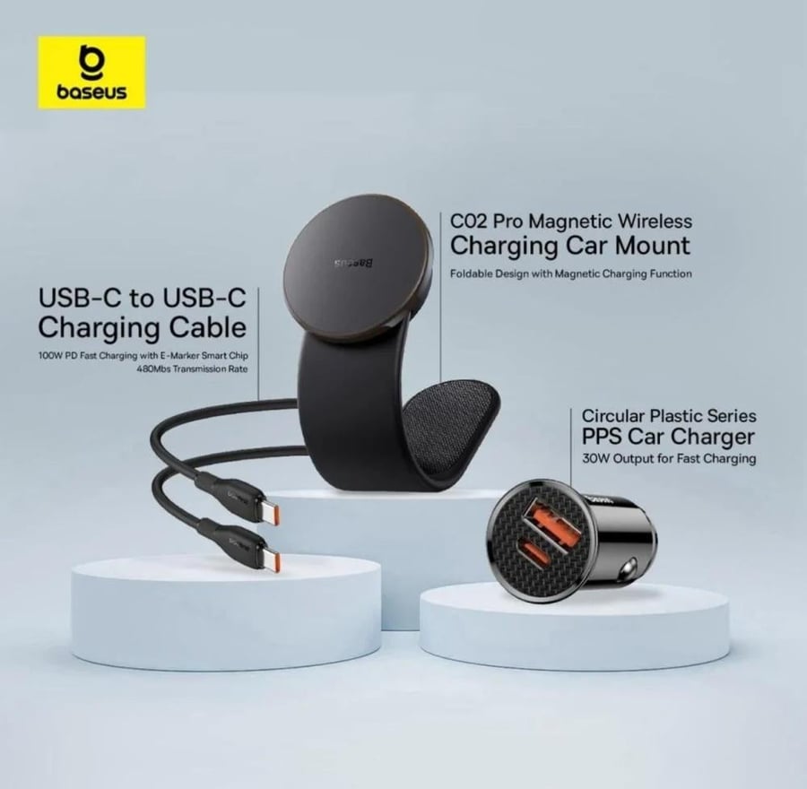 بيسوس - حامل جوال c02 برو كلاستر مغناطيسي يدعم شحن لاسلكي وشاحن سيارة بمنفذ USB-A ومنفذ تايب سي وكيبل تايب سي الى تايب سي