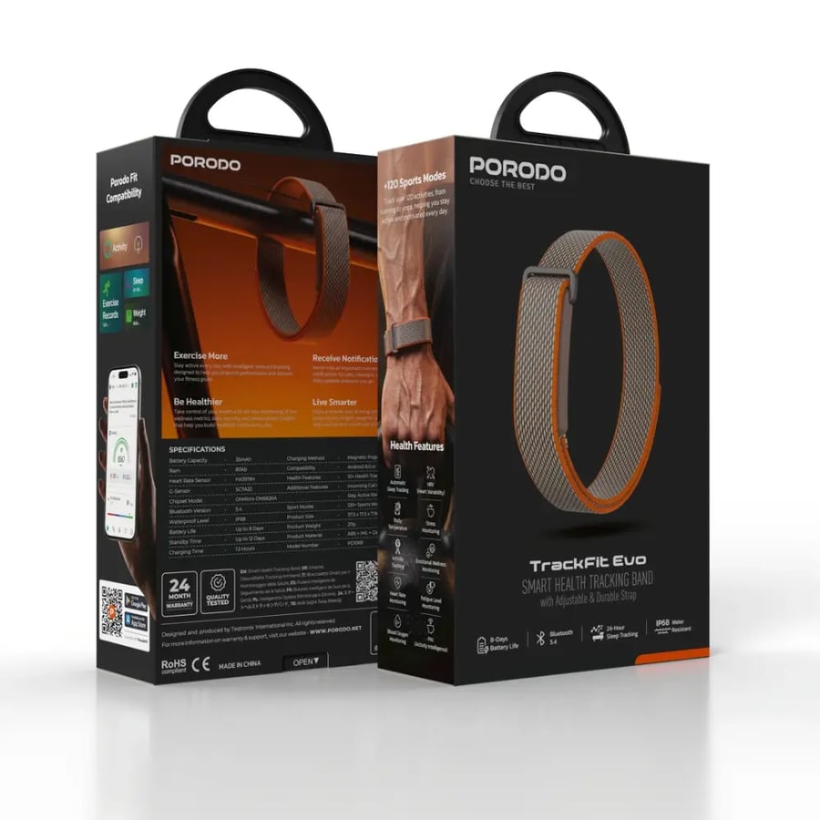 بورودو TrackFit Evo سوار ذكي لقياس نبض القلب والأكسجين وتتبع النوم والصحة - اللون البرتقالي