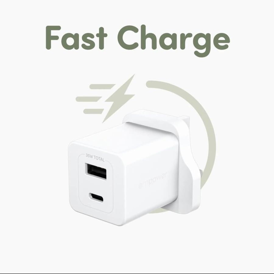 شاحن جداري إمباور من بانزر جلاس Turbo بتقنية GaN بقدرة 35 واط – منفذ USB‑C ومنفذ USB‑A – أبيض