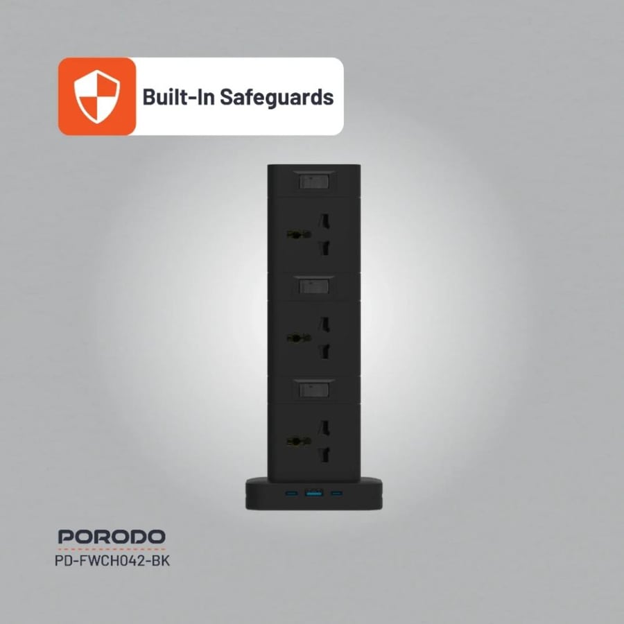 توصيلة كهرباء بورودو ثلاثية الطوابق 12 مقبس مع 3 منافذ USB وشحن سريع PD بقوة 20 واط وسلك 3 متر – أسود