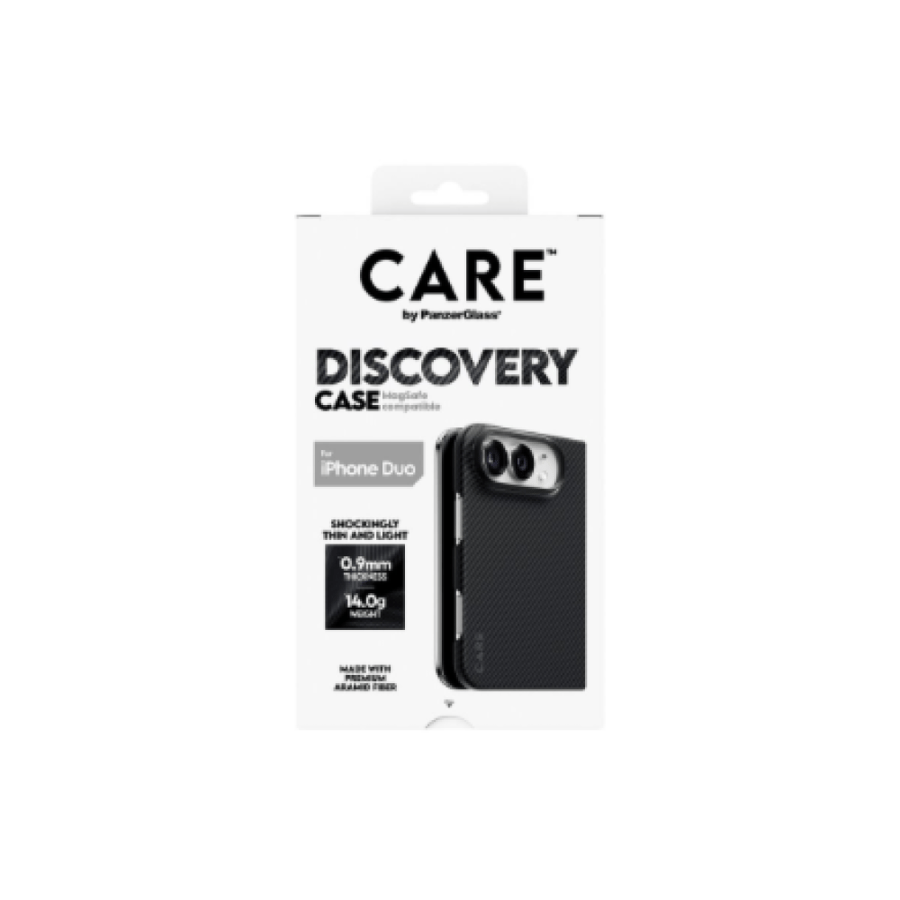 كفر آيفون فولد CARE Discovery من بانزر جلاس بألياف الأراميد الفاخرة – نحيف 0.9 ملم ودعم MagSafe – أسود