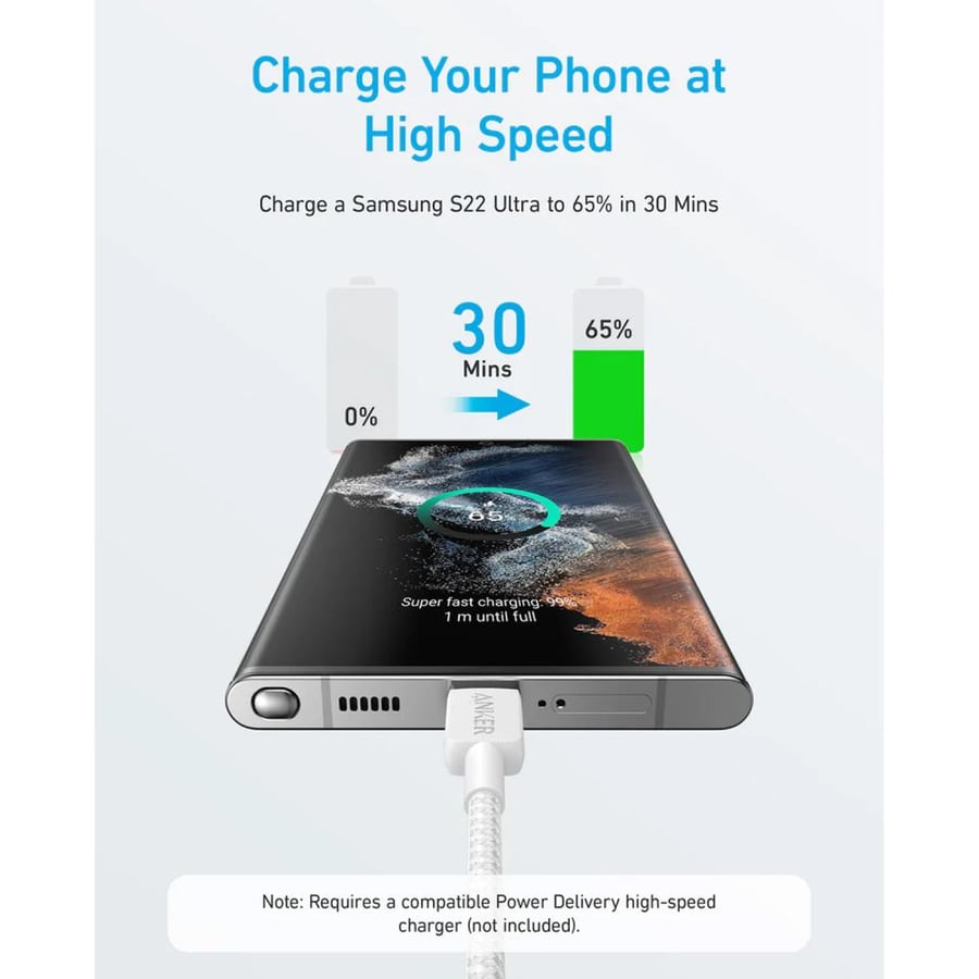 كابل أنكر USB-C إلى USB-C بقدرة 60 واط بطول 3 أمتار لأجهزة آبل وسامسونج وغيرها