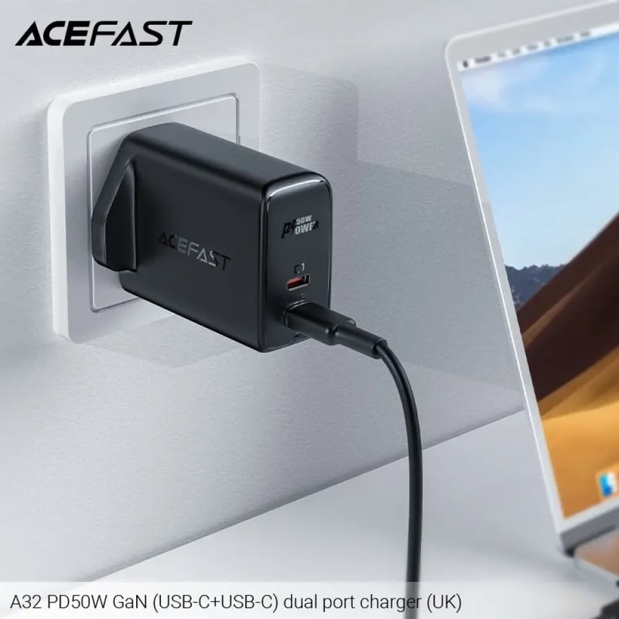 شاحن جداري AceFast A32 بقوة 50 واط منفذين تايب سي - اسود
