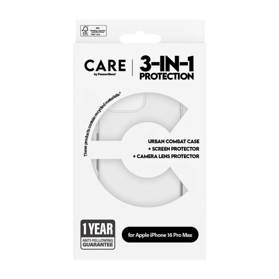 طقم حماية PanzerGlass CARE 3 في 1 لآيفون 16 برو ماكس 6.9 بوصة – كفر + حماية شاشة + حماية عدسات