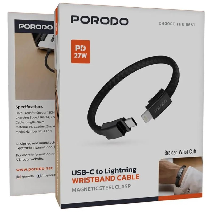 سلك USB-C إلى Lightning مع سوار المعصم بمشبك فولاذي مغناطيسي من بورودو