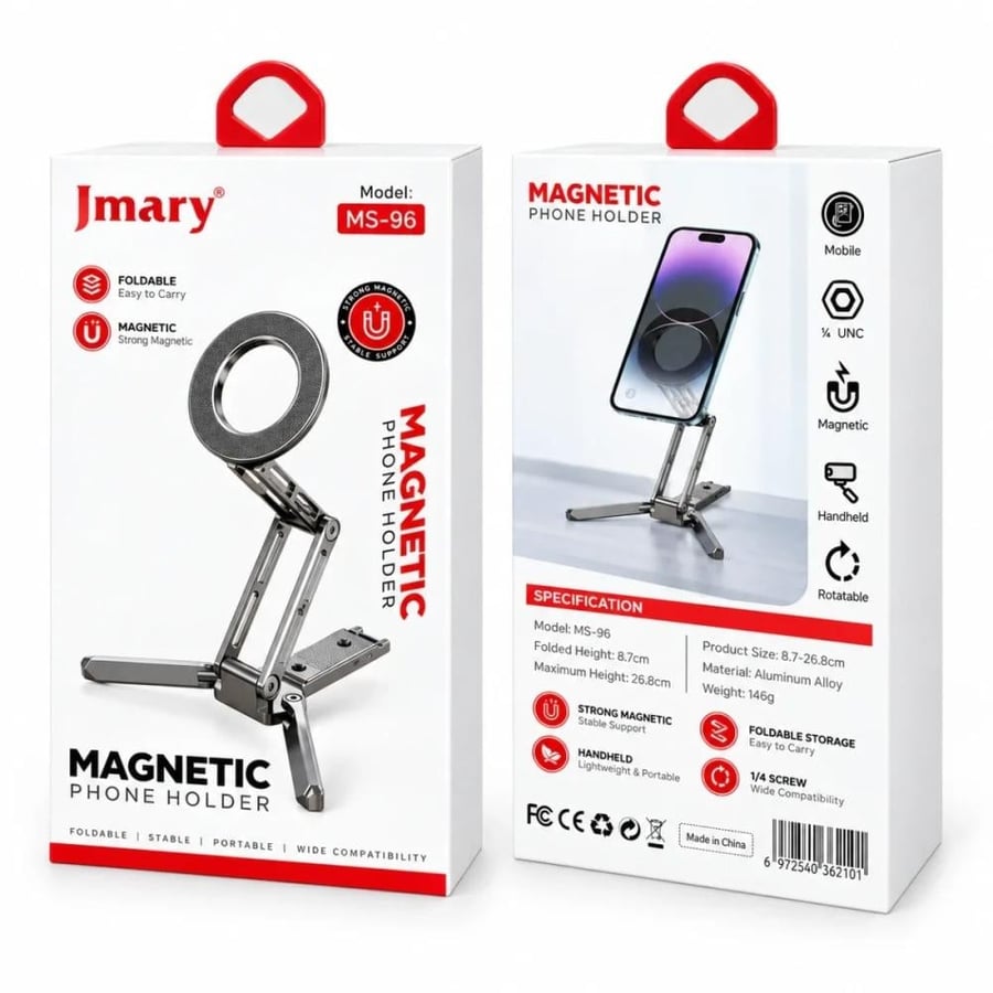 حامل جوال مغناطيسي Jmary MS-96 متوافق مع MagSafe، ترايبود ألمنيوم قابل للطي والتمديد حتى 26.8 سم مع قاعدة ثلاثية للتصوير