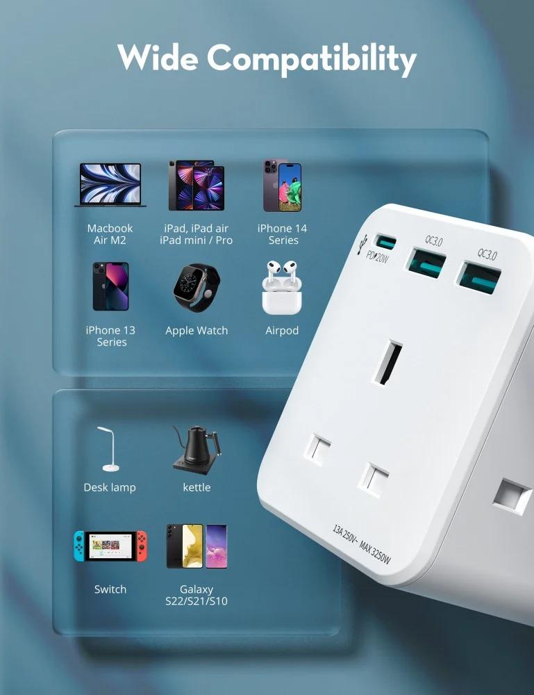 شاحن جداري راف باور بايونير 3 مداخل طاقه ثلاثيه مع منفذين USB ومنفذ تايب سي بتقنية PD بقوة 20 واط ميني - ابيض