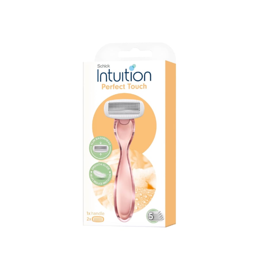 ماكينة حلاقة INTUITION Schick Perfect Touch للنساء، انزلاق سلس - تساعد على تقليل التهيج، رأس حلاقة رفيع، 5 شفرات رفيعة للغاية، جل لحماية البشرة