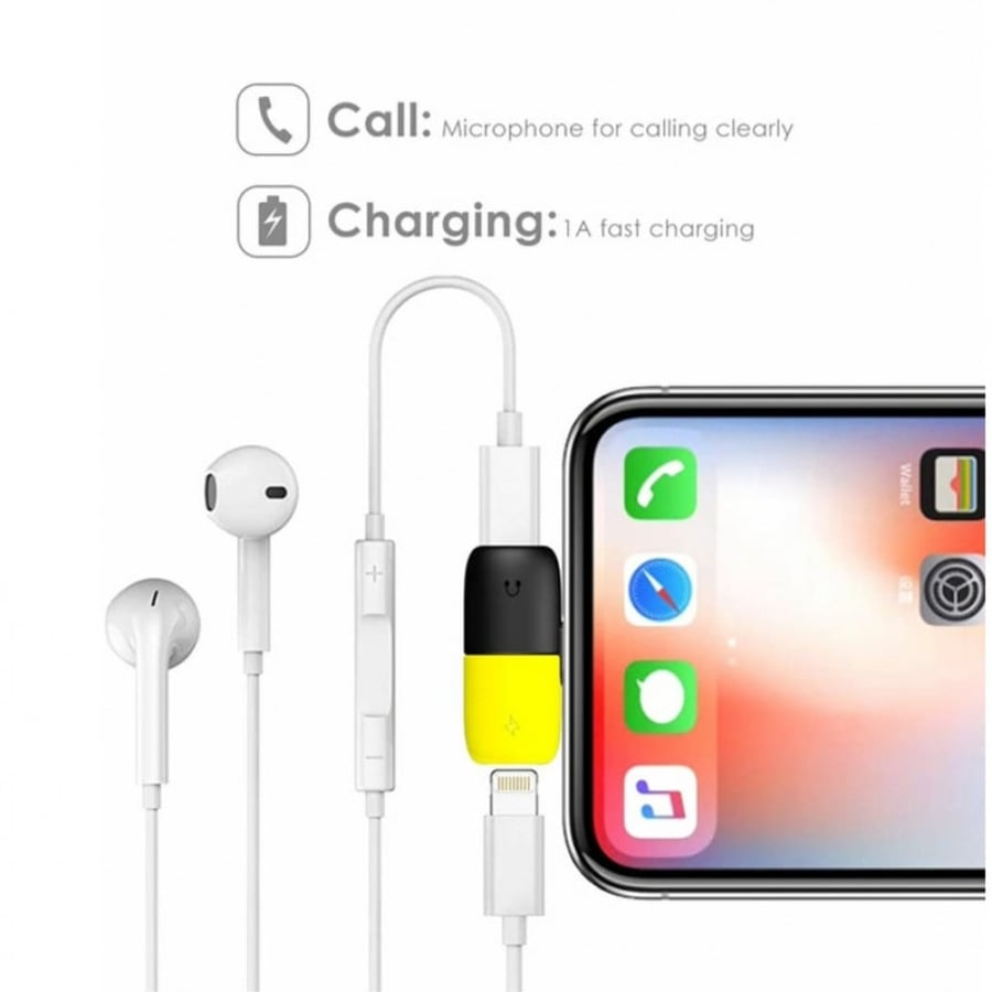 محول موزع | مقسم ايفون الى سماعة و شاحن اصفر/اسود Lightning Splitter 2 in 1