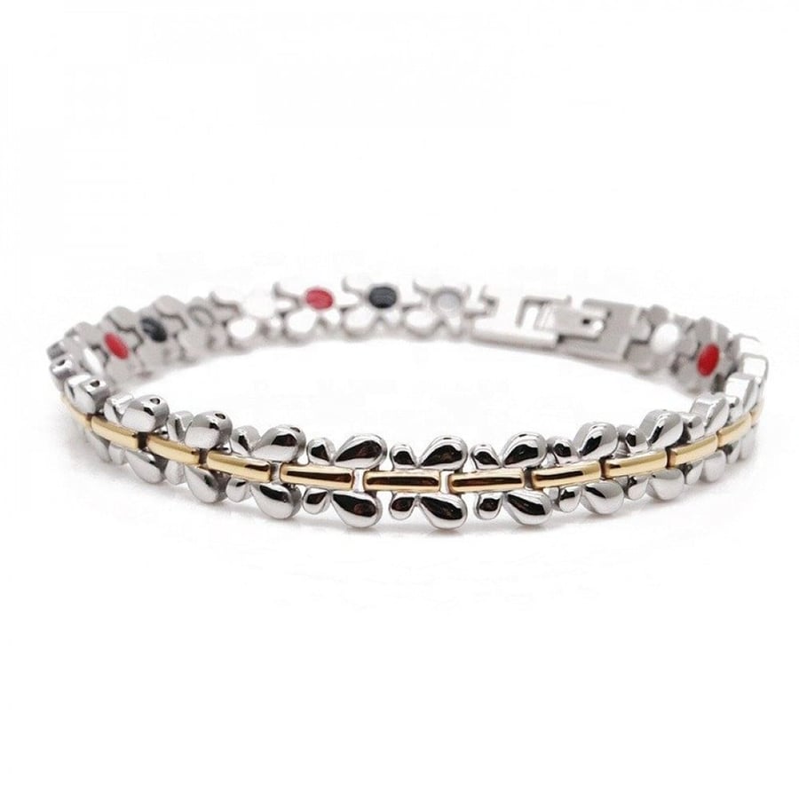 Energy medical bracelet for women with germanium stone and magnetic stone to eliminate negative charges from the body and restore activity, butterfly shape, silver color with gold line