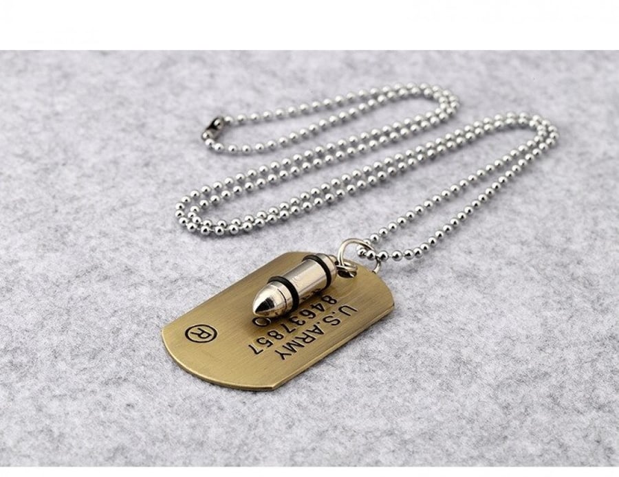 Men's bullet chain - bullet with an identification metal piece for the soldier, gold color