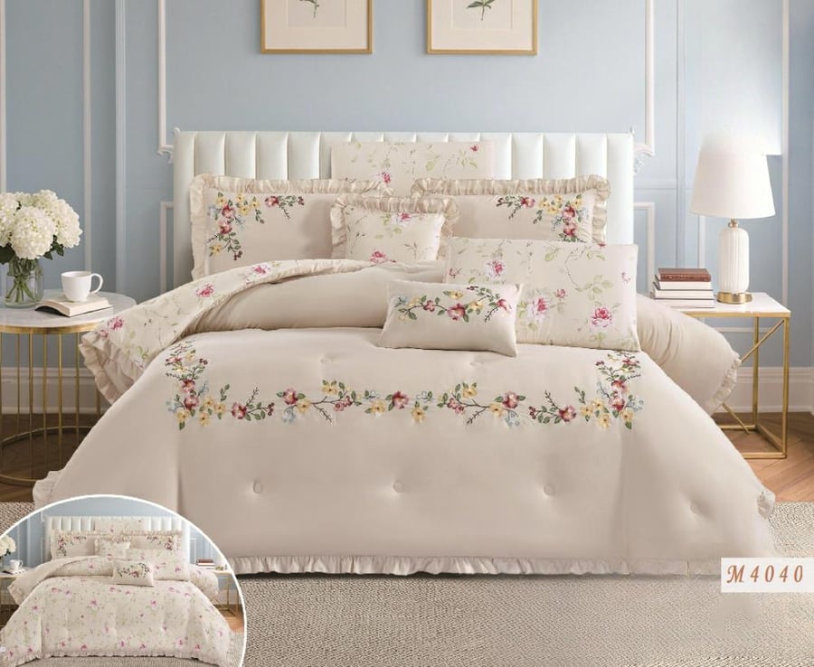 مفرش روفان مطرز لون بيج فاتح صيفي مفرد ونصف