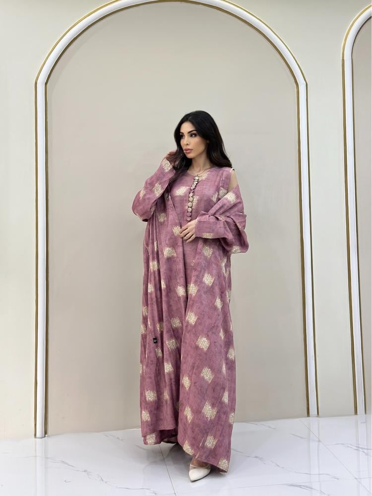 عباية لينن مشجر مع طقم فستان